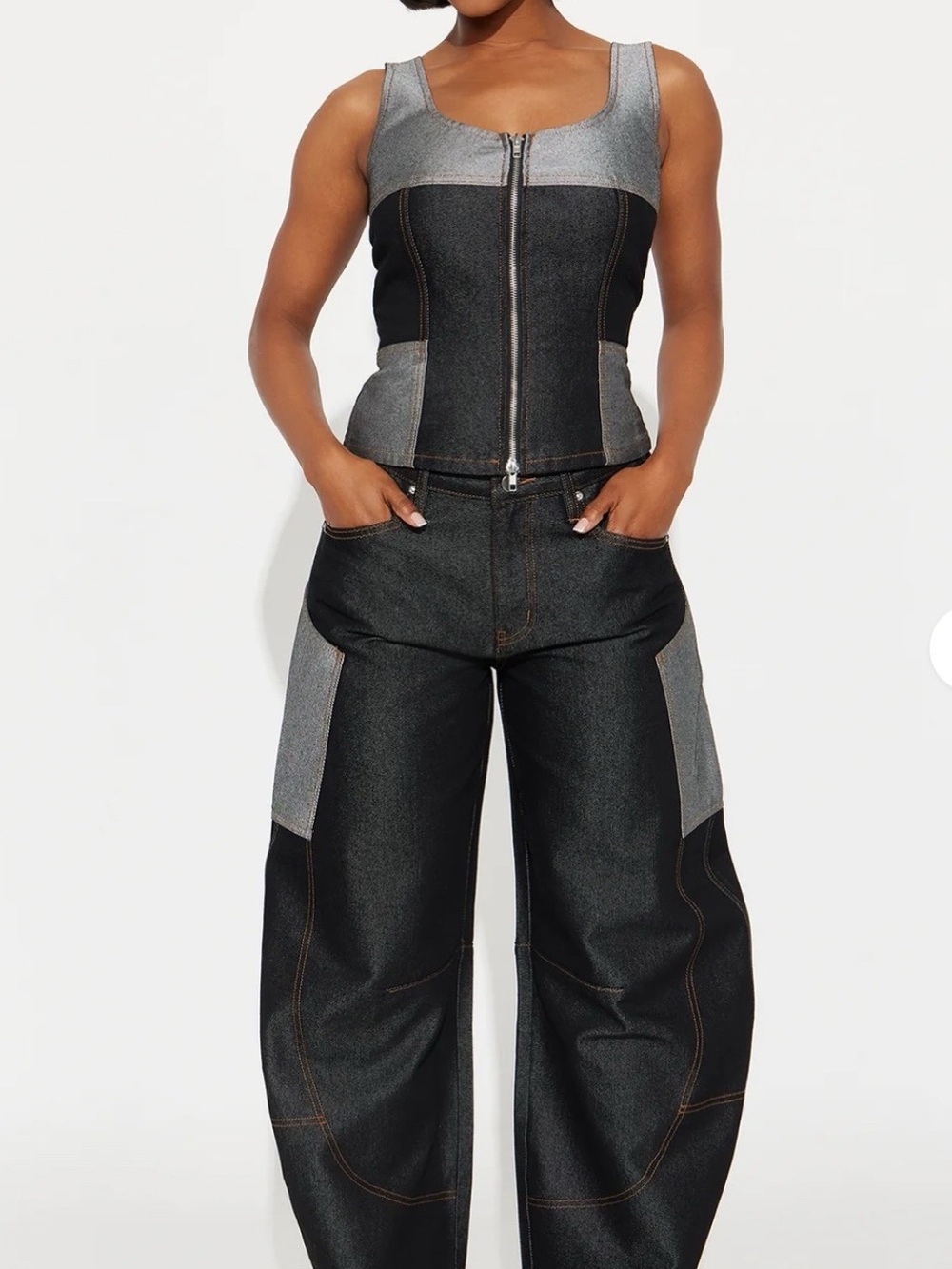 Fashion Nova Black and Gray Two-Tone Denim Zip Tank with Wide Leg Pants